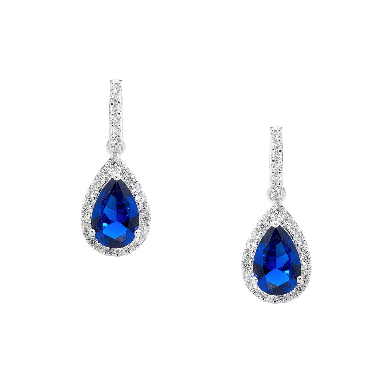 SS Dark Blue CZ Pear Drop Earrings w/ WH CZ surround