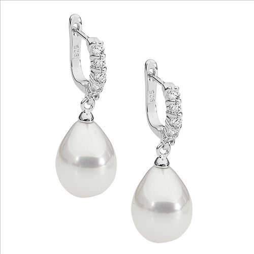 Silver, CZ set earring w Shell based Pearl teardrop shape