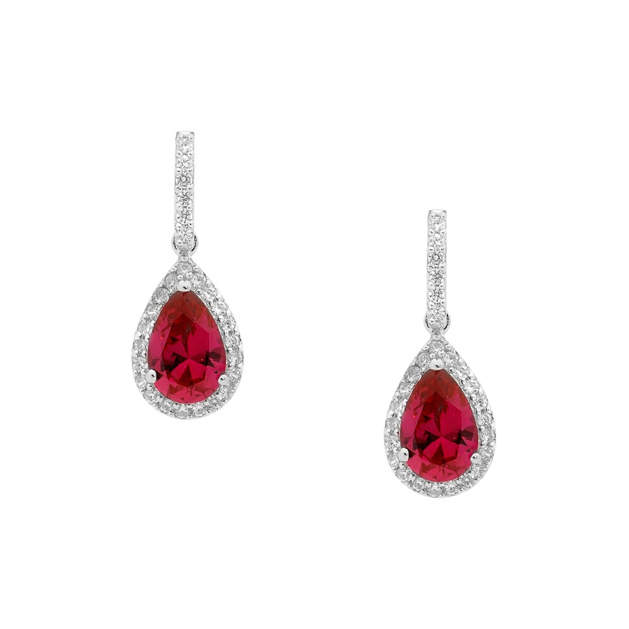 Sterling silver Red CZ Pear Drop Earrings w/ WH CZ surround