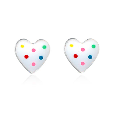 Silver, white Heart enamel polkadot studs