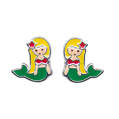 Silver, mermaid enamel stud childrens earrings