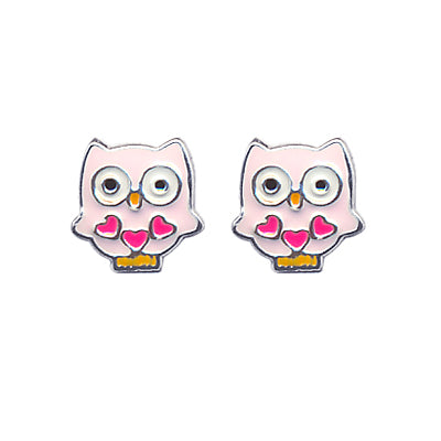 Silver, childrens enamel Owl studs