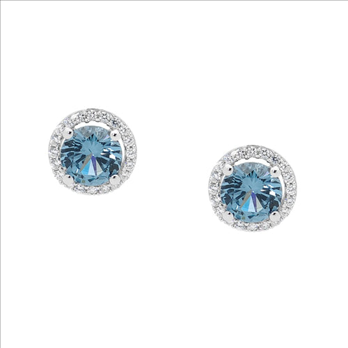 Silver, light blue centre CZ set w Halo of white CZ stud E/R