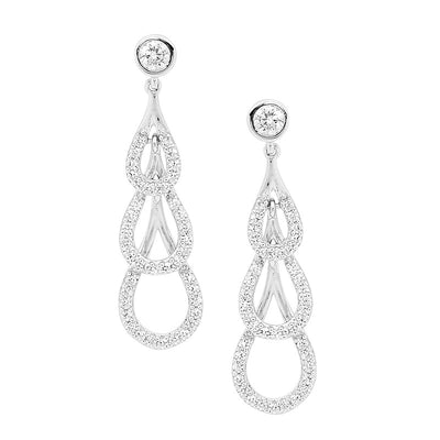 Silver CZ set fancy drop earrings with posts