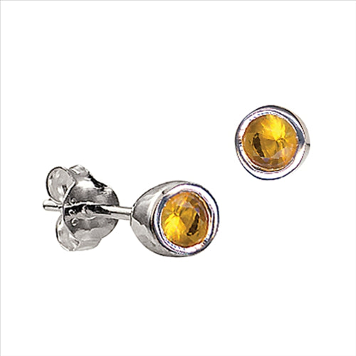 Silver studs, yellow CZ bezel set 4mm 'November"