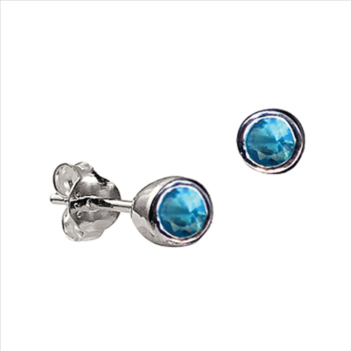 Silver studs, light blue CZ bezel set 4mm 'December"