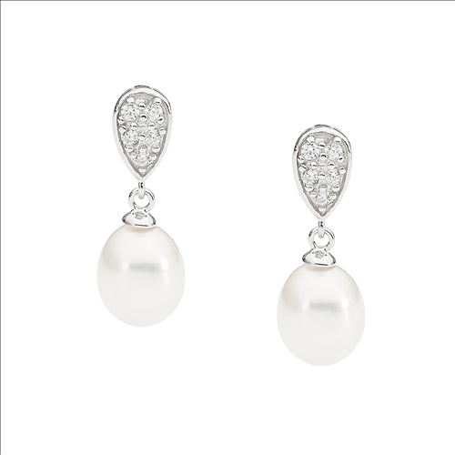 Sterling silver, cubic zirconia, Freshwater Pearl stud drops.