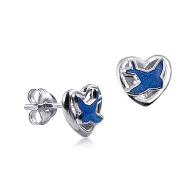 Silver, Bluebird enamel on silver heart studs