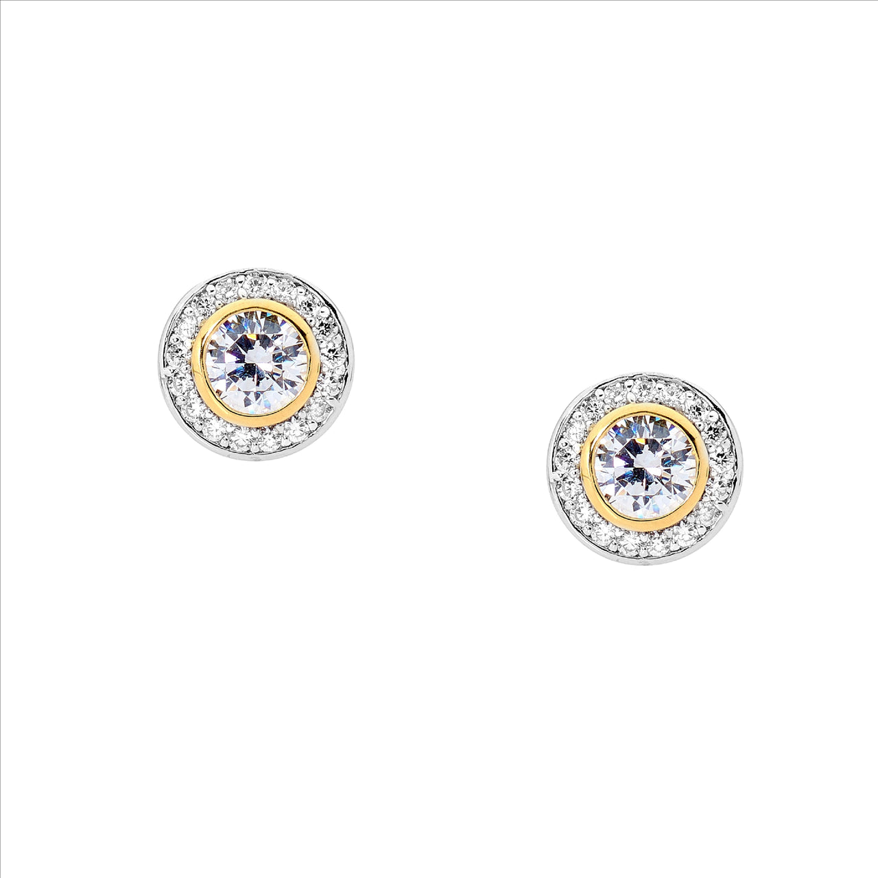 SS Round WH CZ w/ Gold Plating & WH CZ Surround Earrings