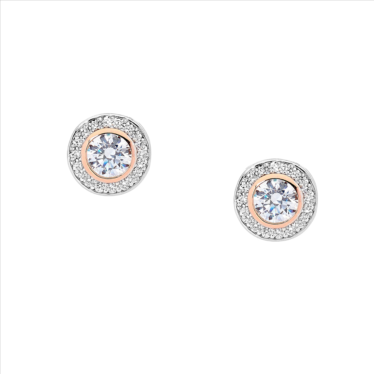 SS Round WH CZ w/ Rose Gold Plating & WH CZ Surround Earrings