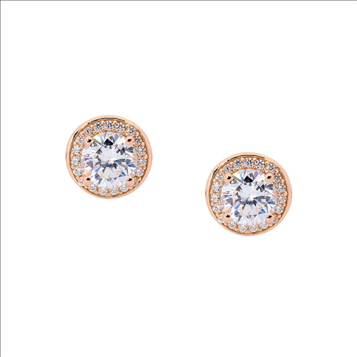 SS WH CZ Solitaire w/ Halo & Rose Gold Plating Earring