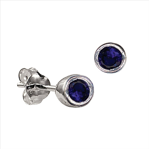 Silver studs, dark Blue CZ bezel set 4mm 'September"