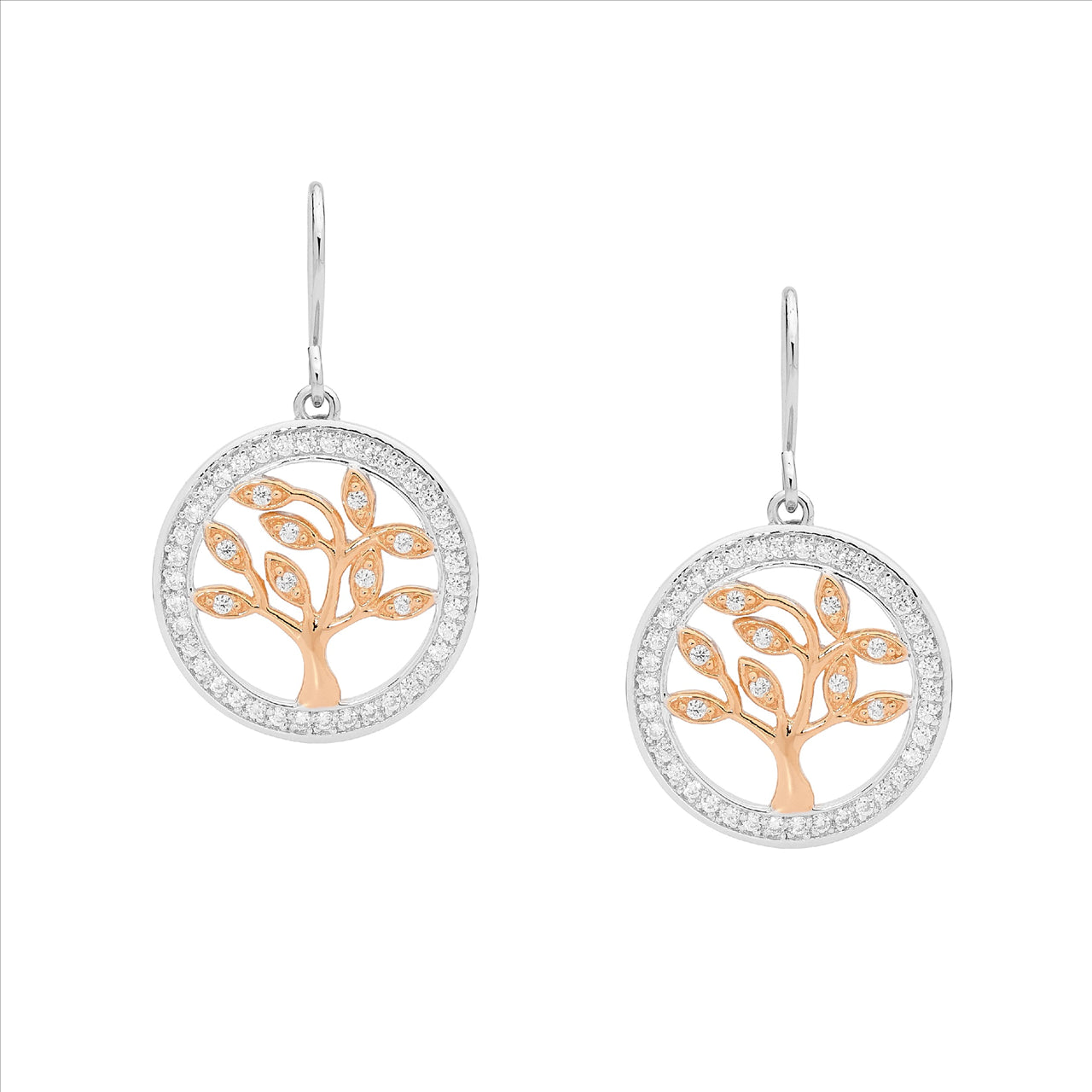 Sterling silver WH CZ Tree of Life Earrings w/ CZ Surround & Rose Gold Plating