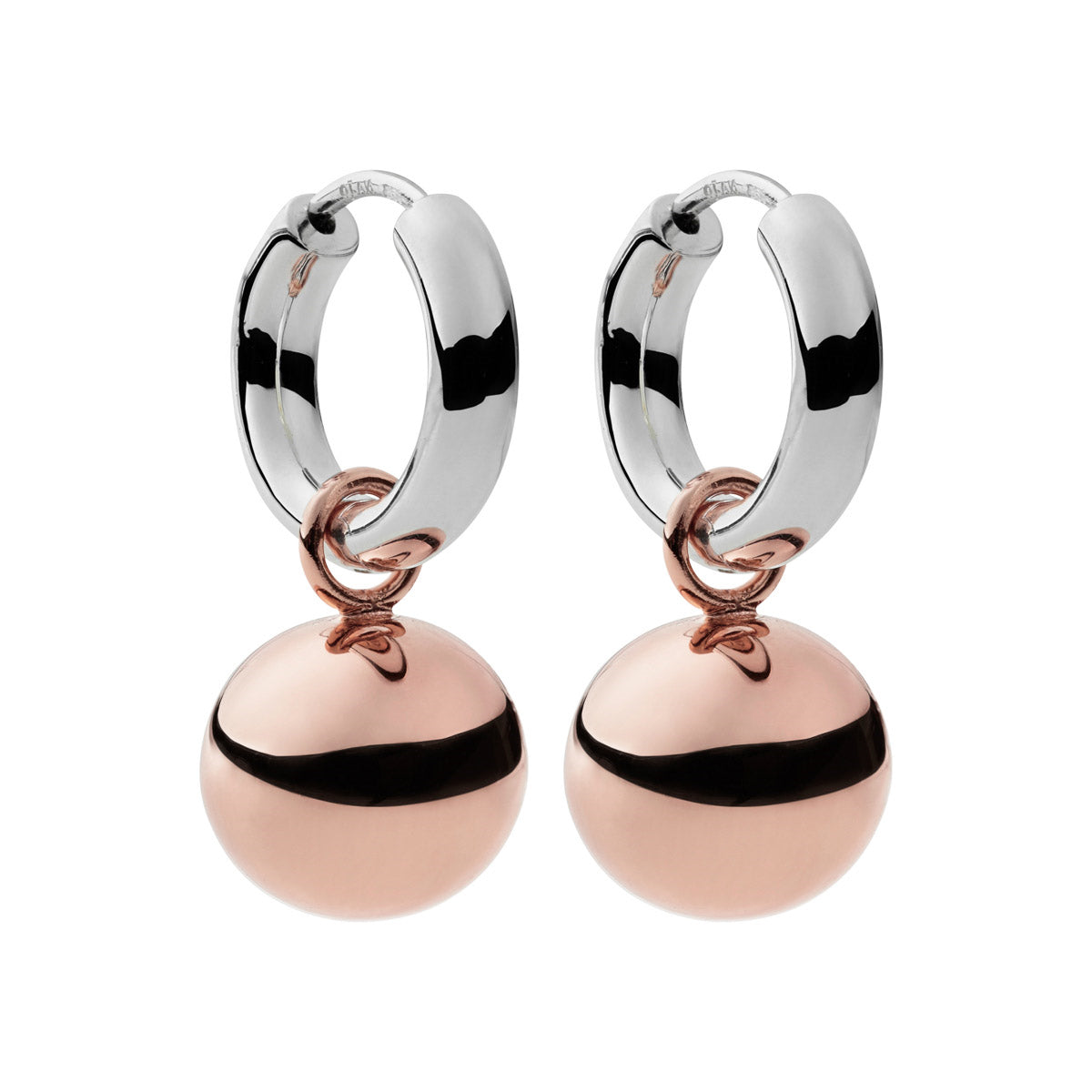 Silver huggies (3mm tube, 16mm ID), with Rose gold plated hollow ball charm (10mm)