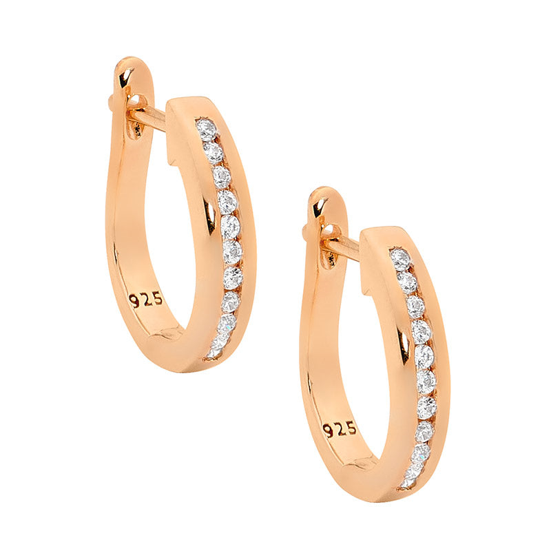 Sterling Silver WH CZ Chanel Set Hoops w/ Rose Gold Plating