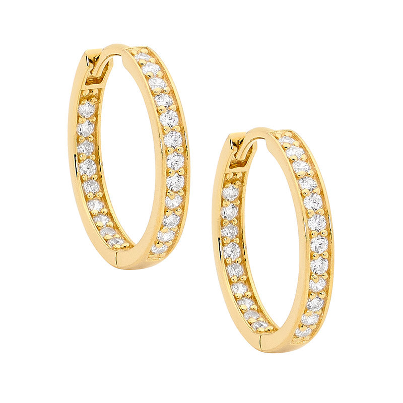 Sterling Silver WH CZ Single Row Inside Out 18mm Hoop Earrings w/ Gold Plating