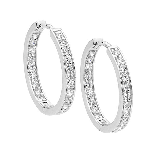 Sterling Silver WH CZ Single Row Inside Out 18mm Hoop Earrings