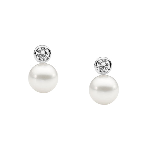 Silver, bezel set 4mm CZ w 7mm Freshwater pearl studs.