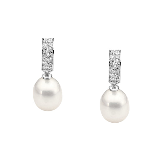 SIlver, double row pave set CZ half hoop with Freshwater pearl drop