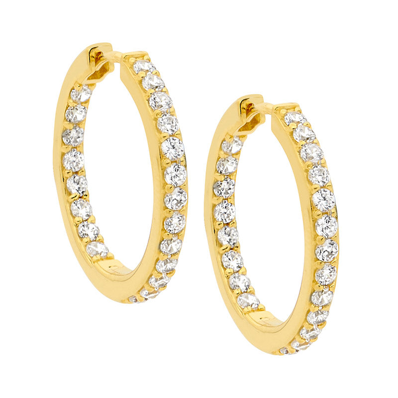 Sterling Silver WH CZ Inside Out 23mm Rnd Gold Plated Hoops