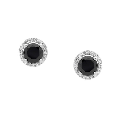 Sterling silver bk cubic zirconia solitaire w/ wh cubic zirconia surround earrings