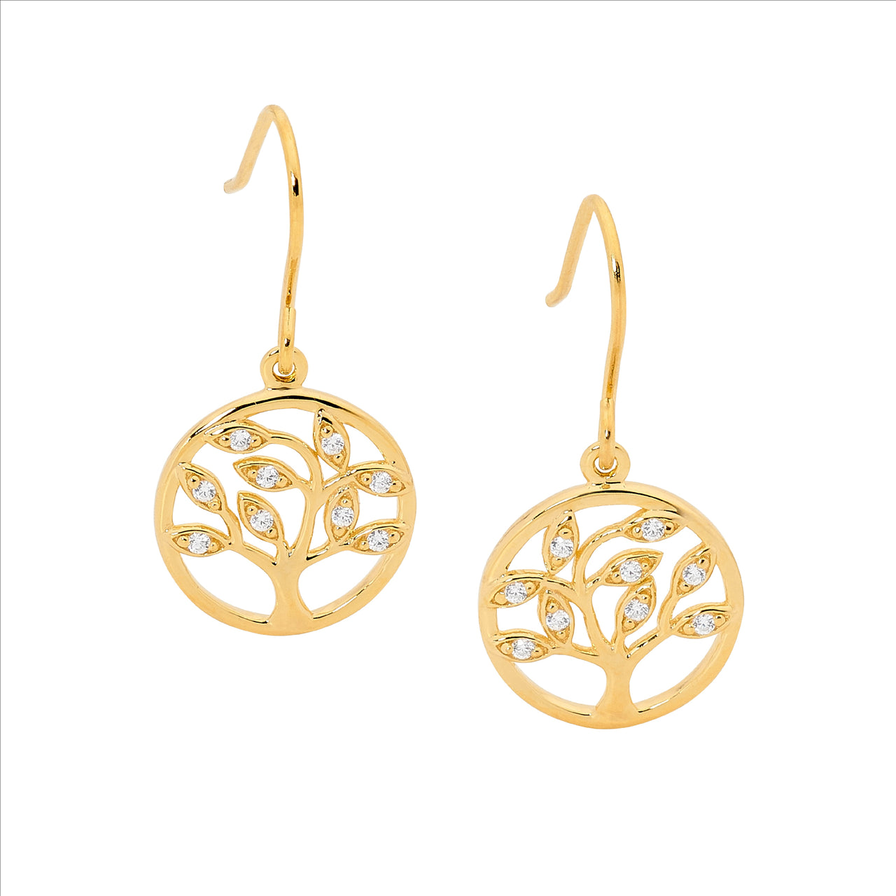 SS WH CZ Tree of Life Earrings on Shp/Hook w/ Gold Plating