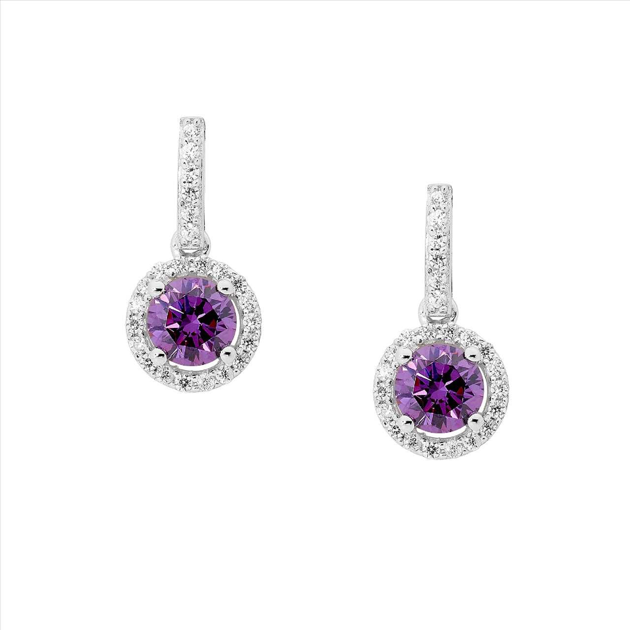 Silver CZ white and Purple stud drops, halo