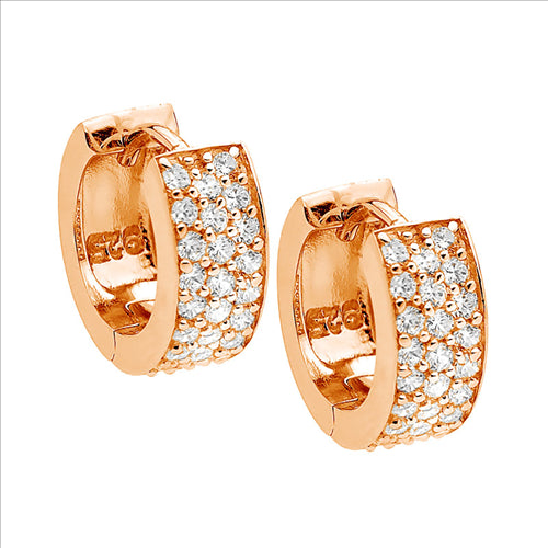 Silver, Rose gold plated pave set CZ set triple row huggies