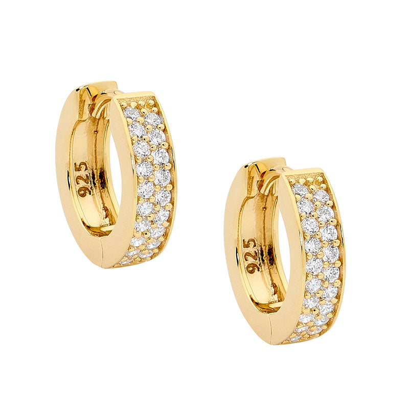 Sterling silver, gold plated, double row pave set CZ huggies 15mm ID