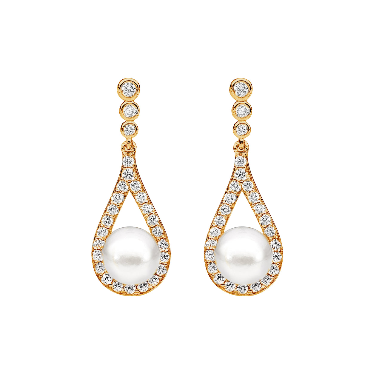 Silver, gold plated, CZ set and freshwater pearl drop earrings with stud