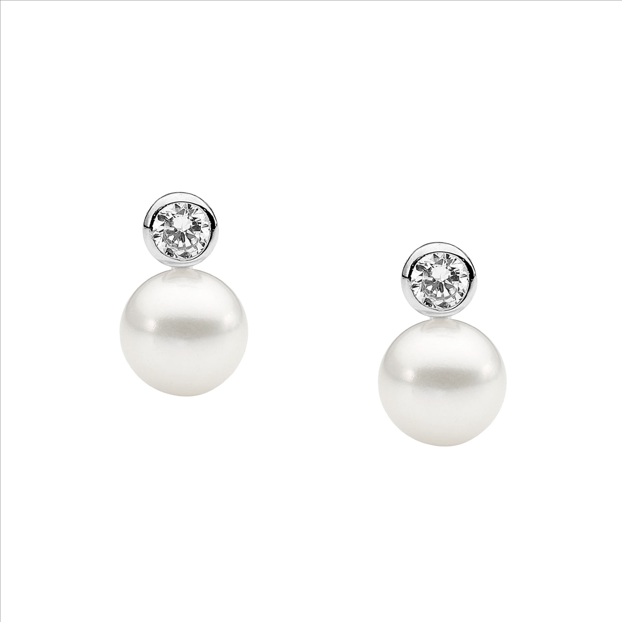 Sterling silver 4mm Bezel Set WH CZ w/ 7mm Freshwater Pearl Earrings