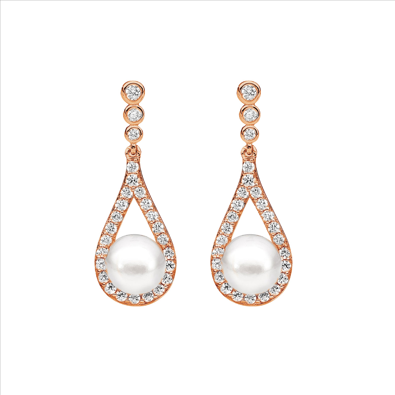 Sterling silver, Rose gold plated, cubic zirconia, freshwater Pearl drops.