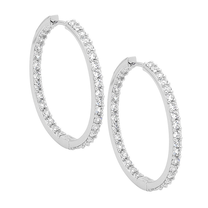 SS WH CZ Inside Out 3cm Hoop Earrings