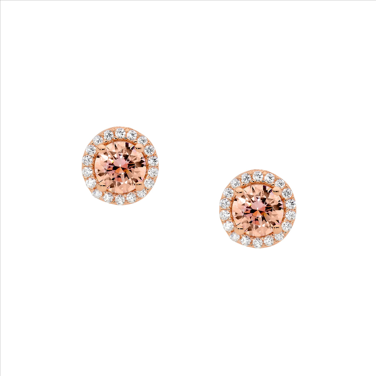 Sterling silver Morganite CZ Solitaire w/ WH CZ Surround Stud Earrings w/Rose Gold Plating