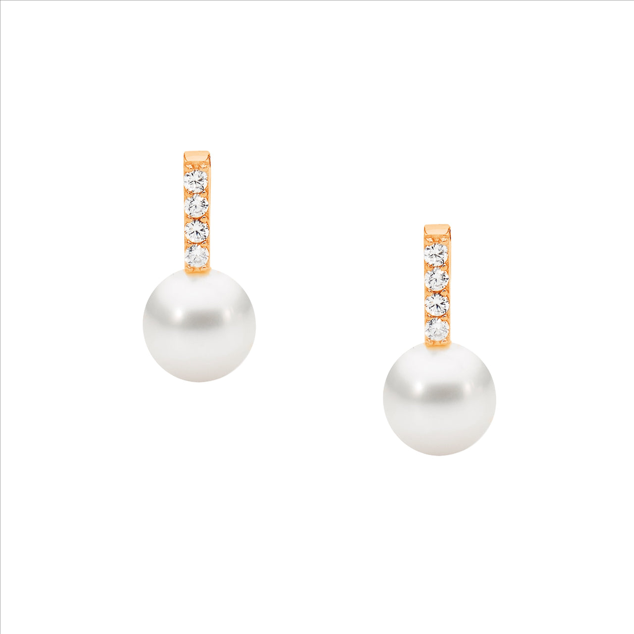 Sterling Silver WH CZ Drop Bar Stud Earrings w/freshwater pearl & Rose Gold Plating