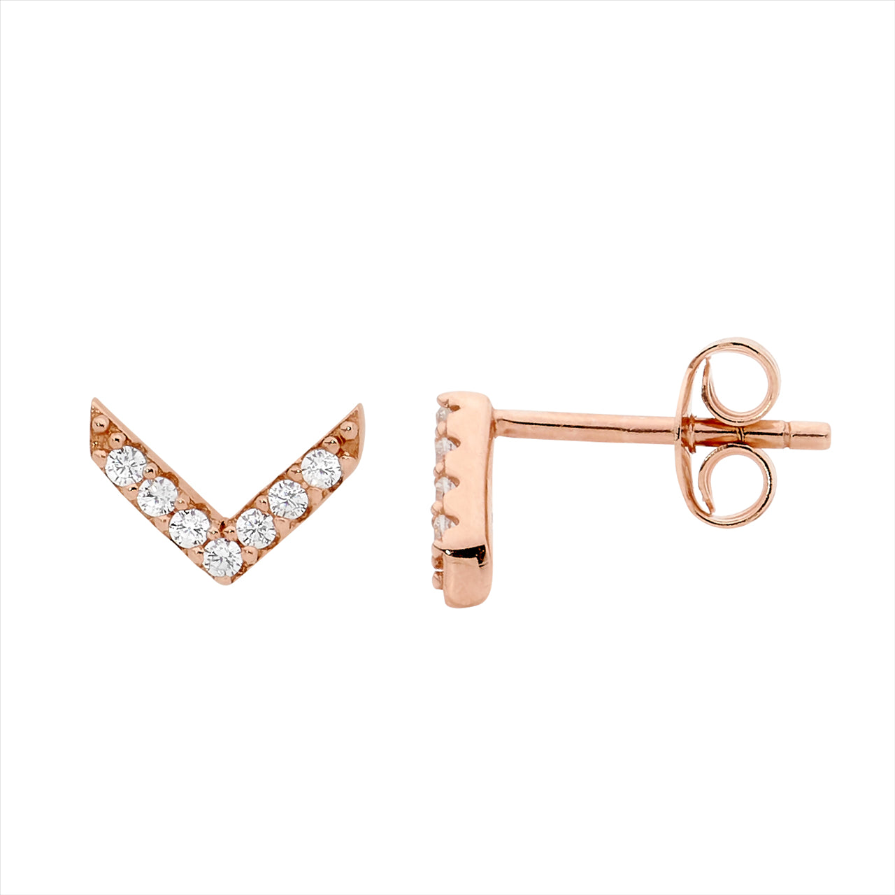 SS WH CZ V Stud Earrings w/ Rose Gold Plating