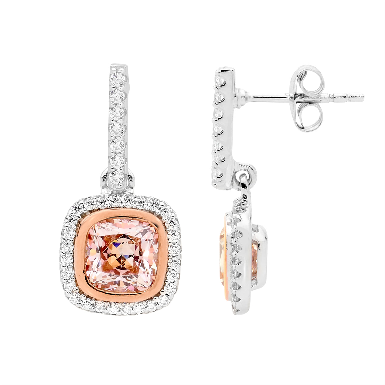 SS Morganite CZ Cushion Cut w/Rose Gold Plating Bezel, cz halo Drop Earrings