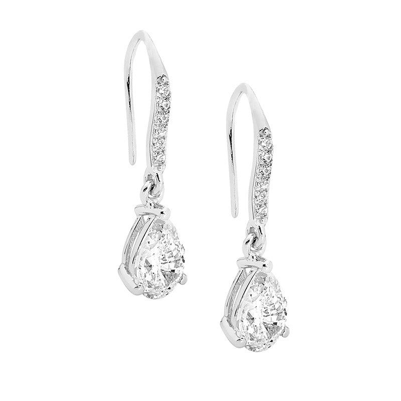 Sterling silver WH CZ Shepherds Hook Earrings, 6x9mm Pear WH CZ drop