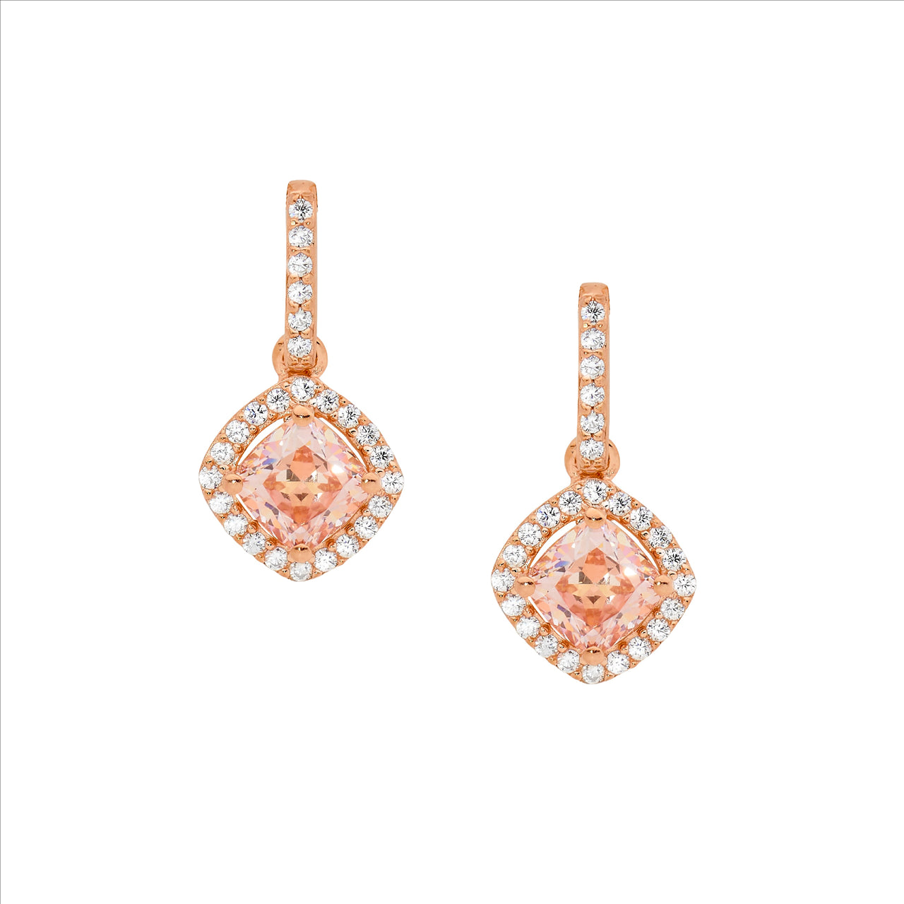 Silver, Rose gold plated, CZ with Morganite colouring, cushion cut, posted earrings.