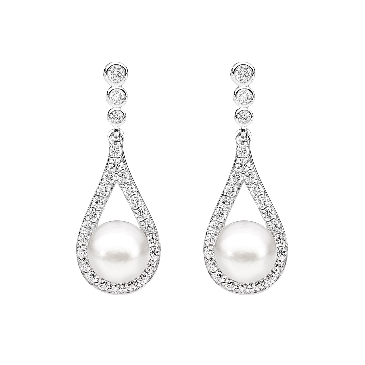 Sterling silver WH CZ bezel stud w/open tear drop & freshwater pearl earrings