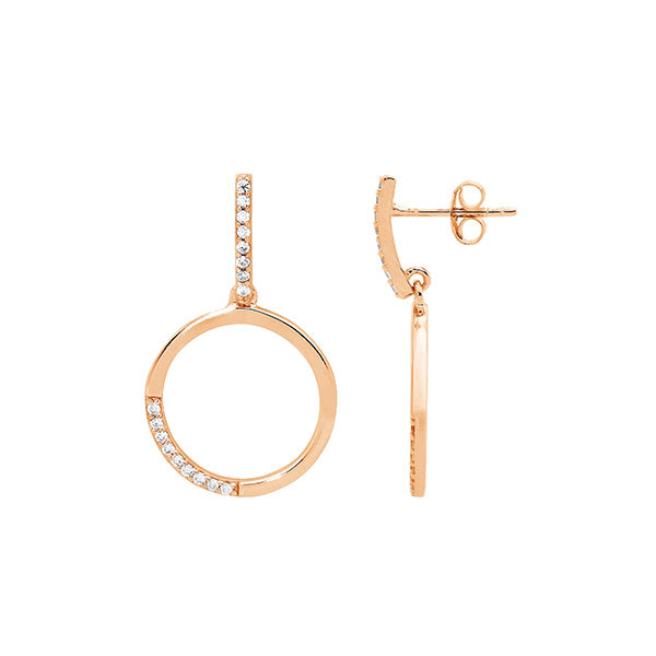 Silver, rose gold plated, CZ set circle and long post drops