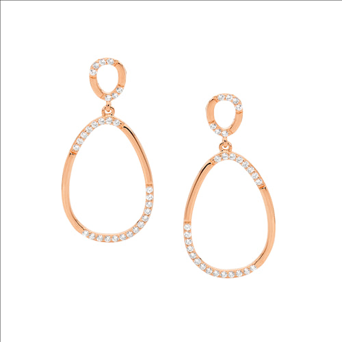 Silver, rose gold plated, double oval drop earrings, set with CZs with posts.