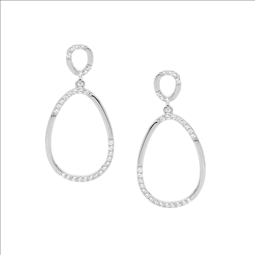 Silver, double oval drop earrings, CZ set with posts.