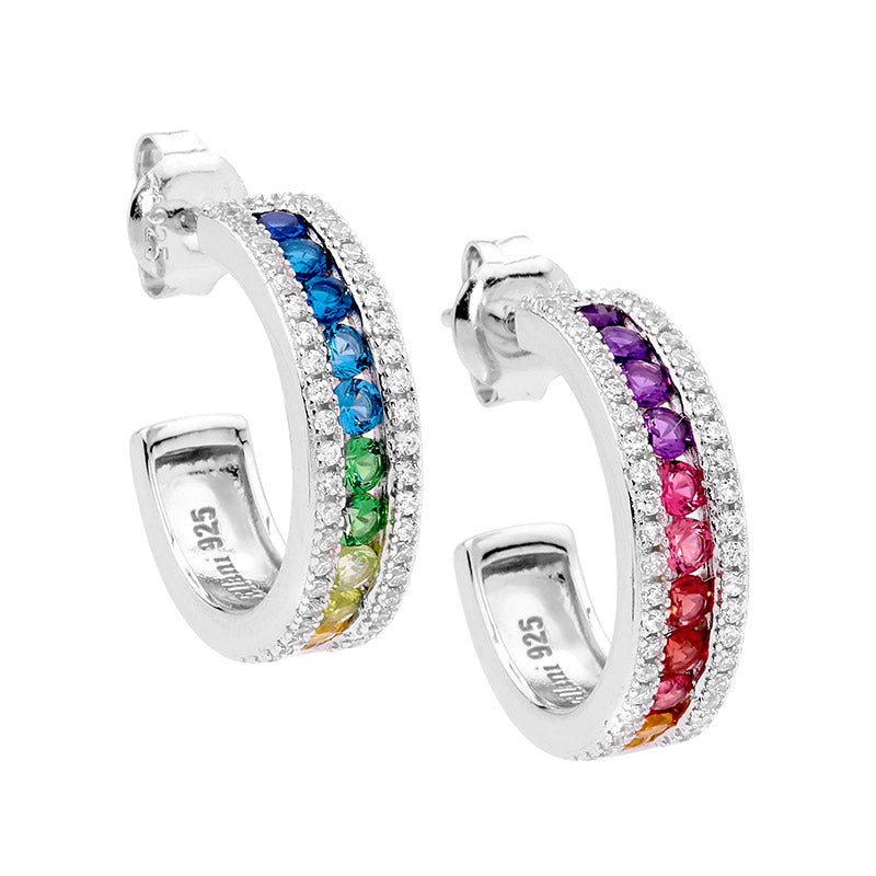 Silver, half hoops with studs, 18mm, multi coloured CZs surrounded by white CZs