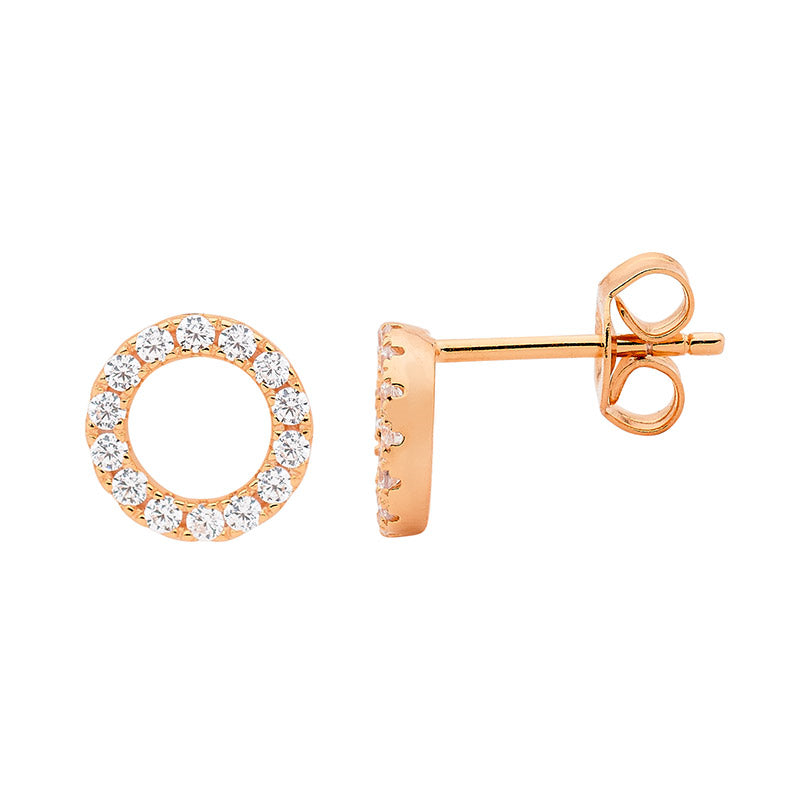 Sterling silver WH CZ 8mm Open Circle Earrings w/ Rose Gold Plating