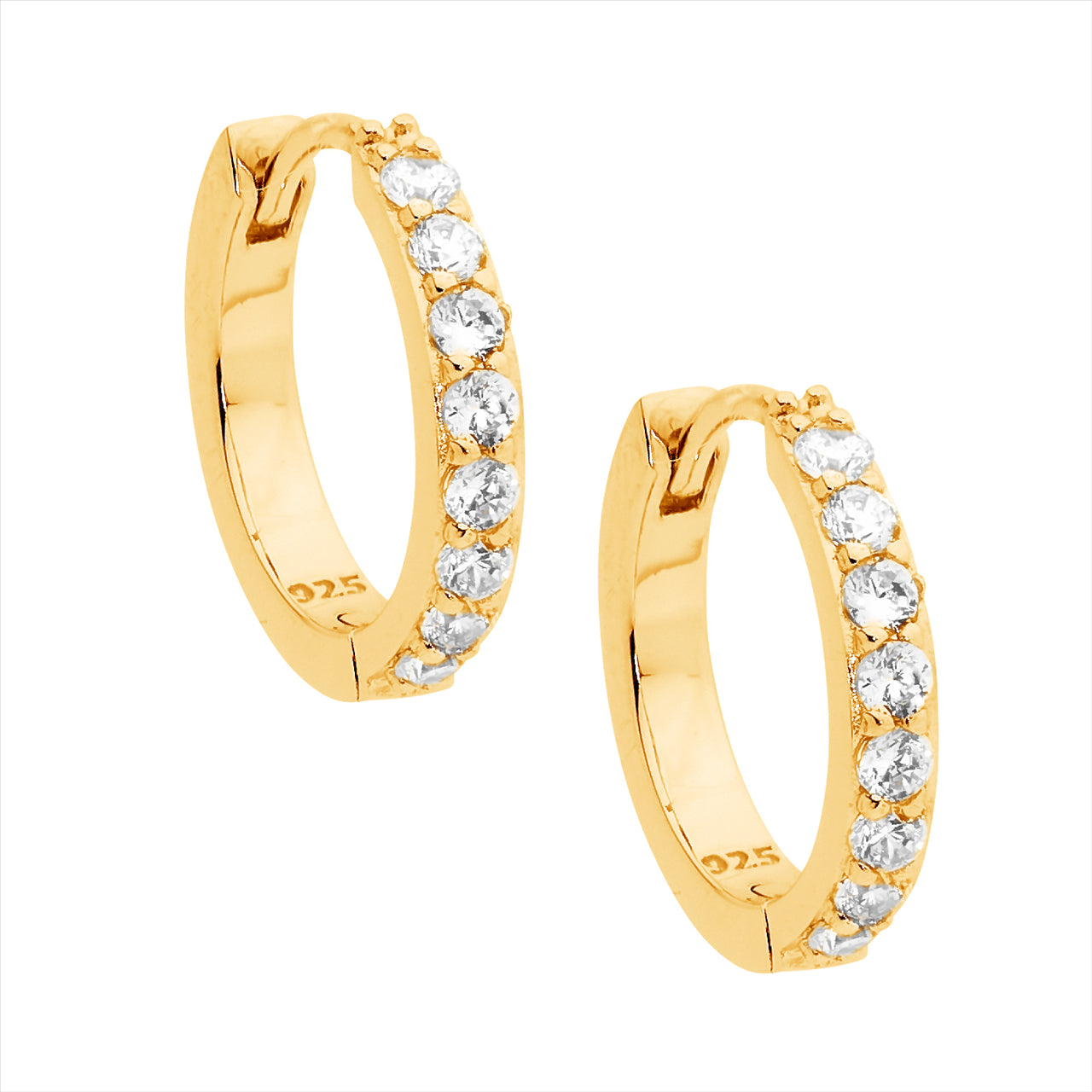 SS WH CZ Single Row 15mm Hoop Earrings w/ Gold Plating