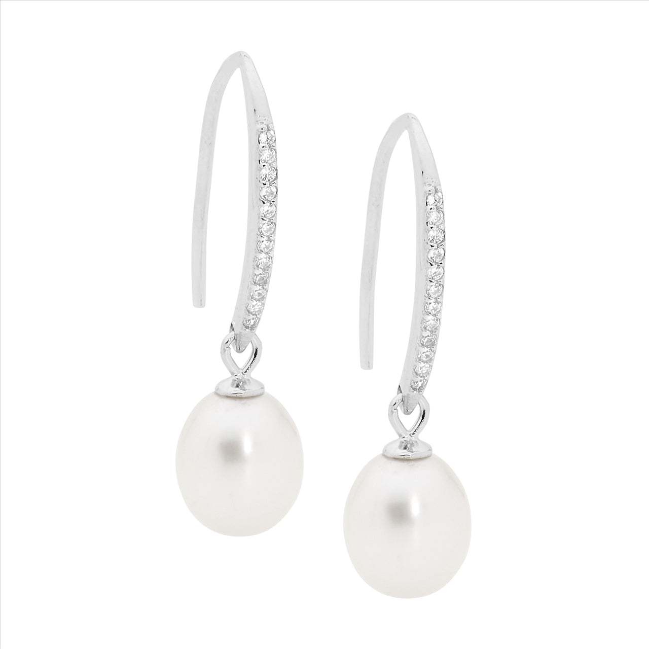 Sterling silver WH CZ Drop Shp Hook Earrings w/ Freshwater Pearl