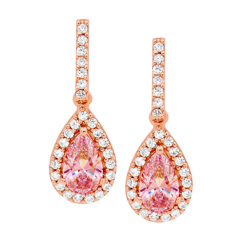 Sterling silver morganite CZ pear drop earrings, cz surround w/ rose gold plating