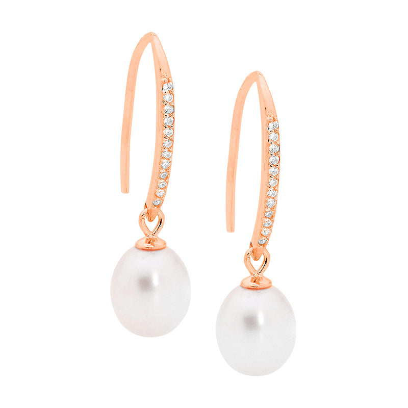 Silver, Rose gold plated, sheph hook CZ set w Freshwater Pearl drops