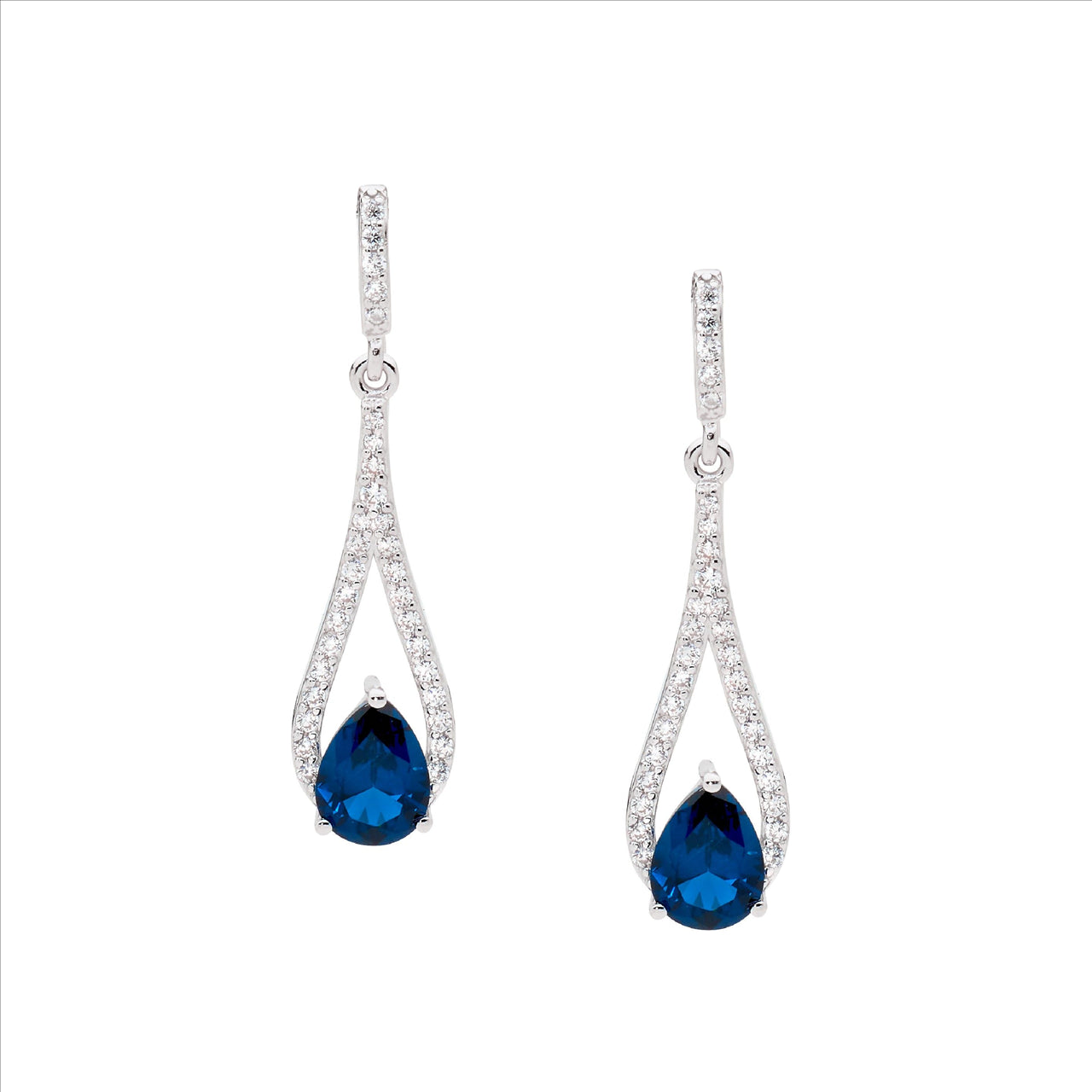 Sterling Silver WH CZ 35mm open tear drop earrings w/ london blue pear cz